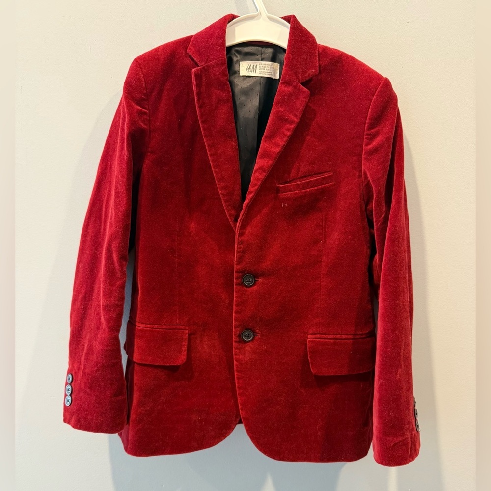 H&M boys Rich Red Velvet Blazer Jacket Coat Slim size 7-8 years